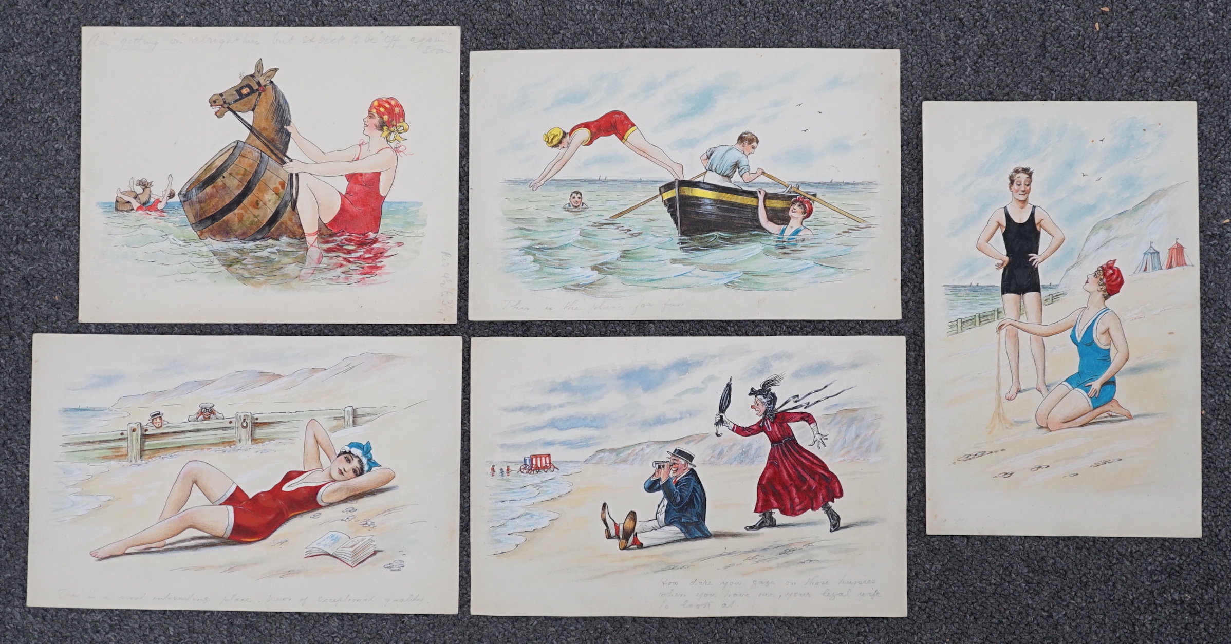 Alfred Edward Philp (c.1910), set of five ink and watercolour postcard designs, Bathing Scenes, 14.5 x 23cm, unframed
